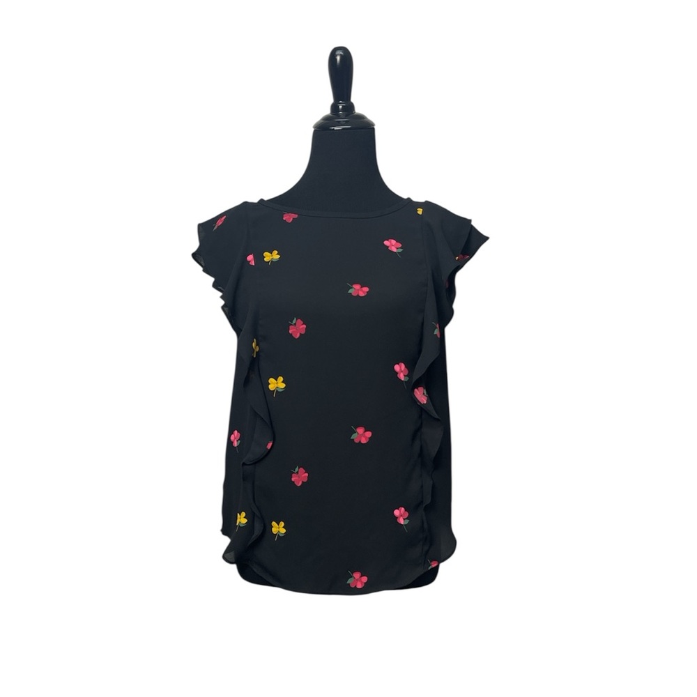 LOFT Black Blouse with Floral Accents